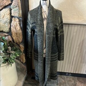 Joseph Green/ Gray Plaid Cardigan Sweater with Open Front and Shawl Collar